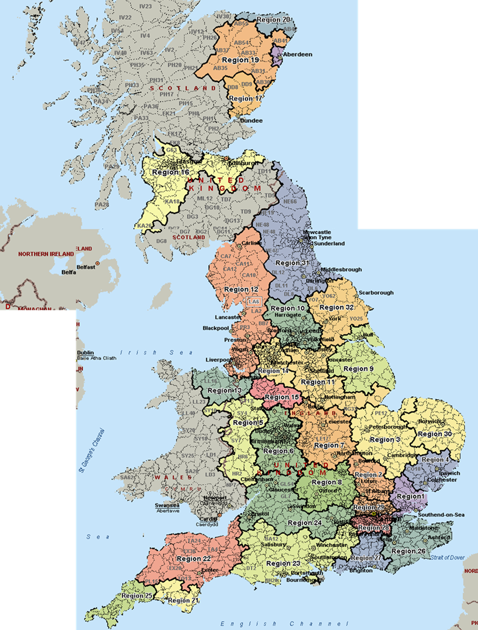 A map of the UK split into the Sanctuary regions