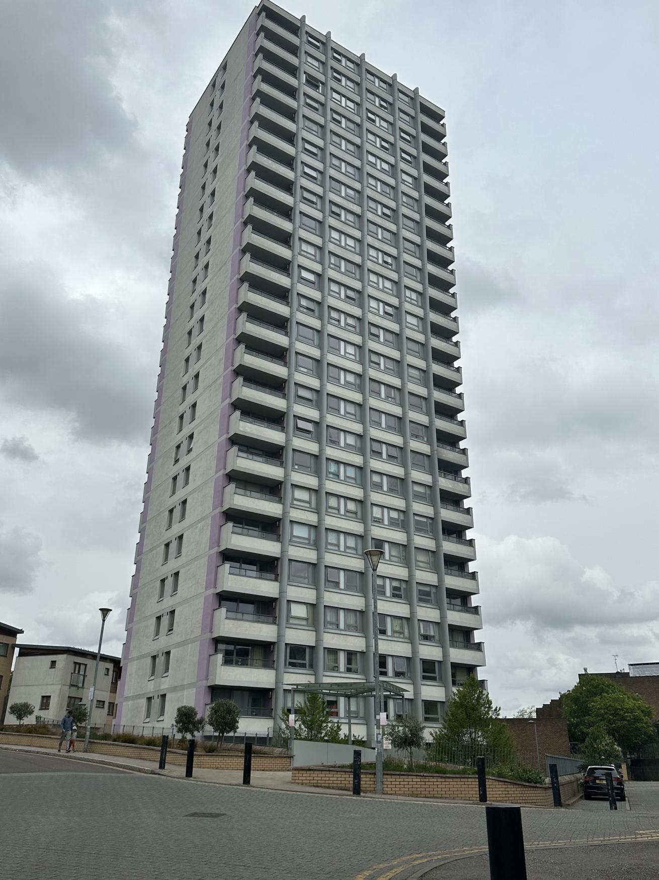 Exterior image of the high-rise Mallard Point apartments.