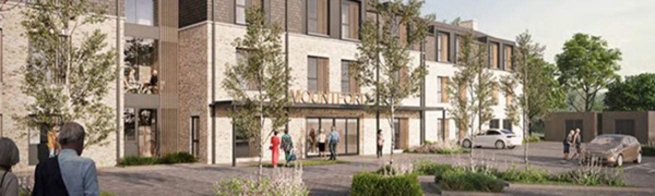 A computer generated image of Sanctuary's proposed Mountford care home. A white and brown brick building with a brown roof, a car park with trees in the foreground