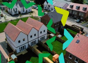 Aerial photograph of a housing development with terraced, semi-detached and detached homes with gardens separated by wooden fences